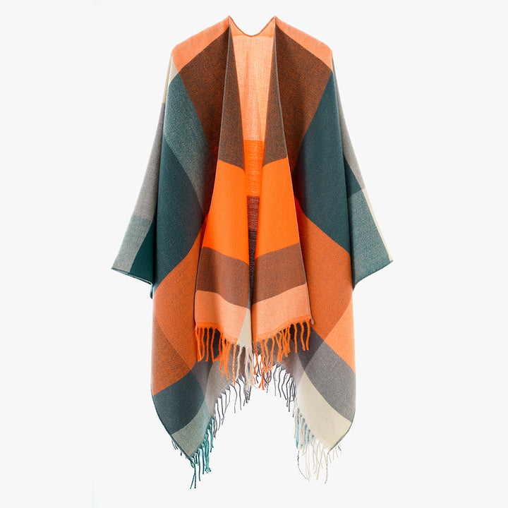 Damen Wickel-Cape aus Wollmix mit Karomuster und Fransen Echo Archiv