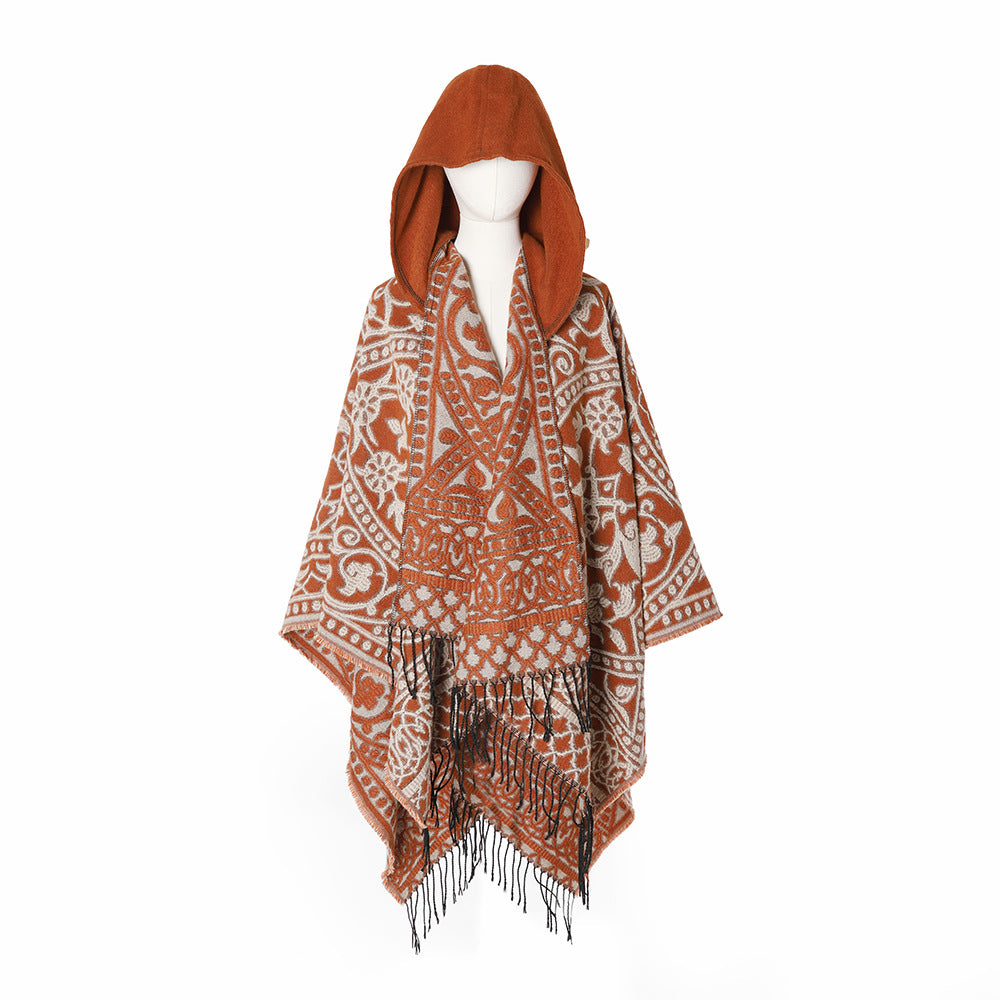 Damen Kapuzen-Ruana aus Wollmix mit Ornament-Jacquard und Fransen – Avérine