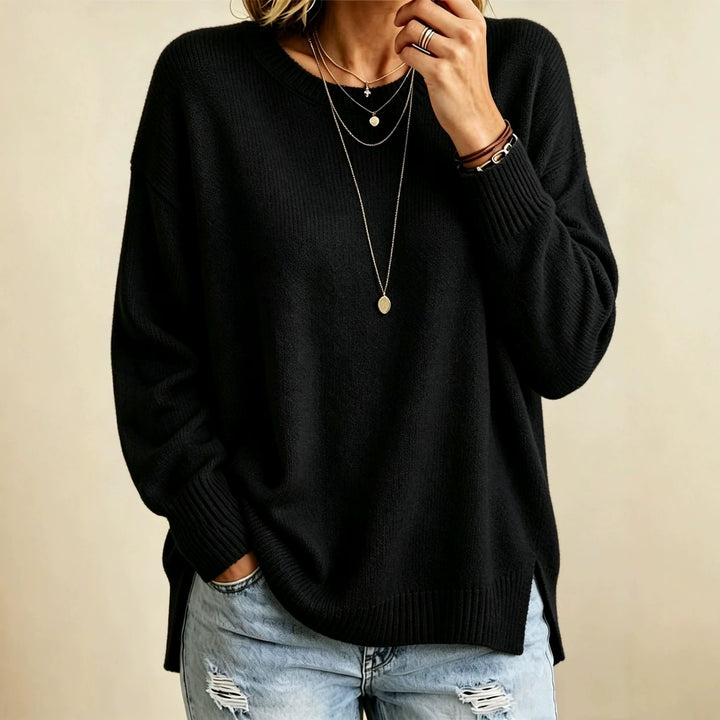 Damen Locker geschnittener Rundhals-Feinstrickpullover mit Seitenschlitzen und gerippten Bündchen – Mavelle
