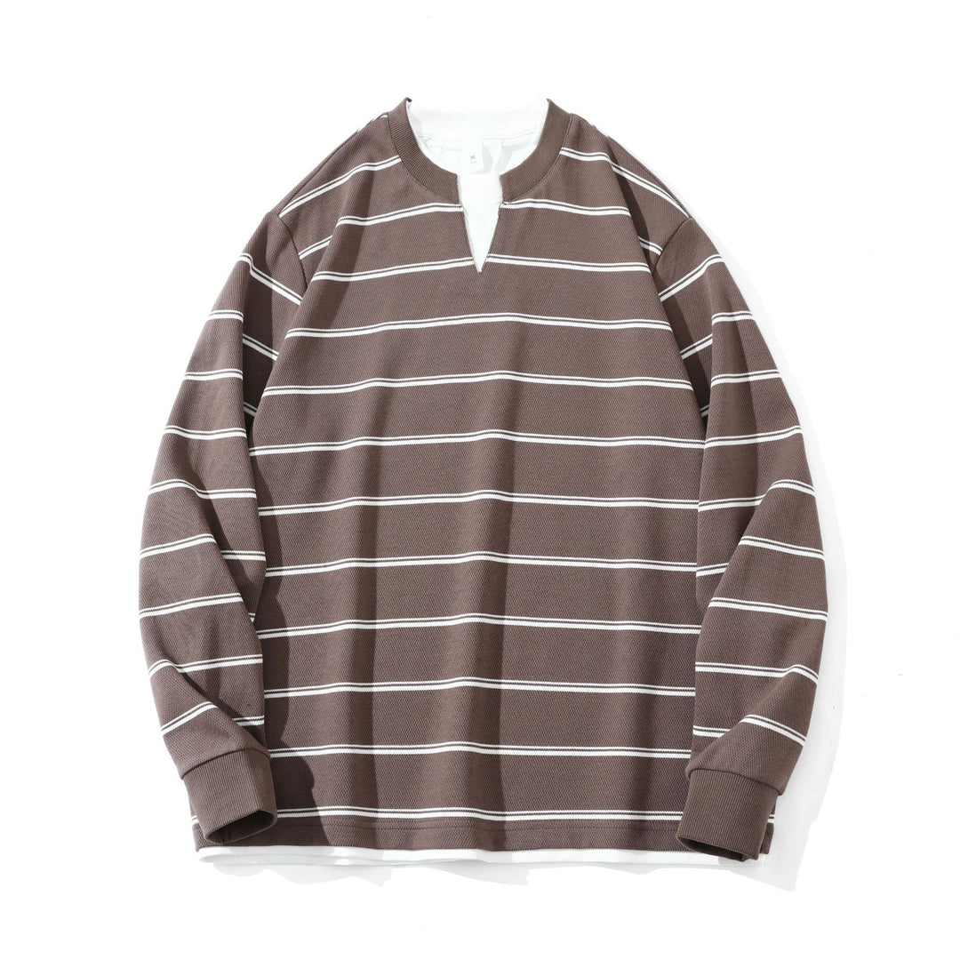 Unisex Gestreiftes Langarm-Sweatshirt mit V-Notch und Waffelstruktur Echoarchiv