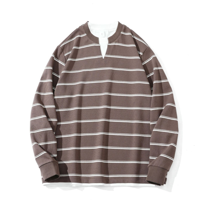 Unisex Gestreiftes Langarm-Sweatshirt mit V-Notch und Waffelstruktur Echoarchiv
