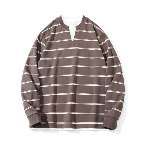 Unisex Gestreiftes Langarm-Sweatshirt mit V-Notch und Waffelstruktur Echoarchiv
