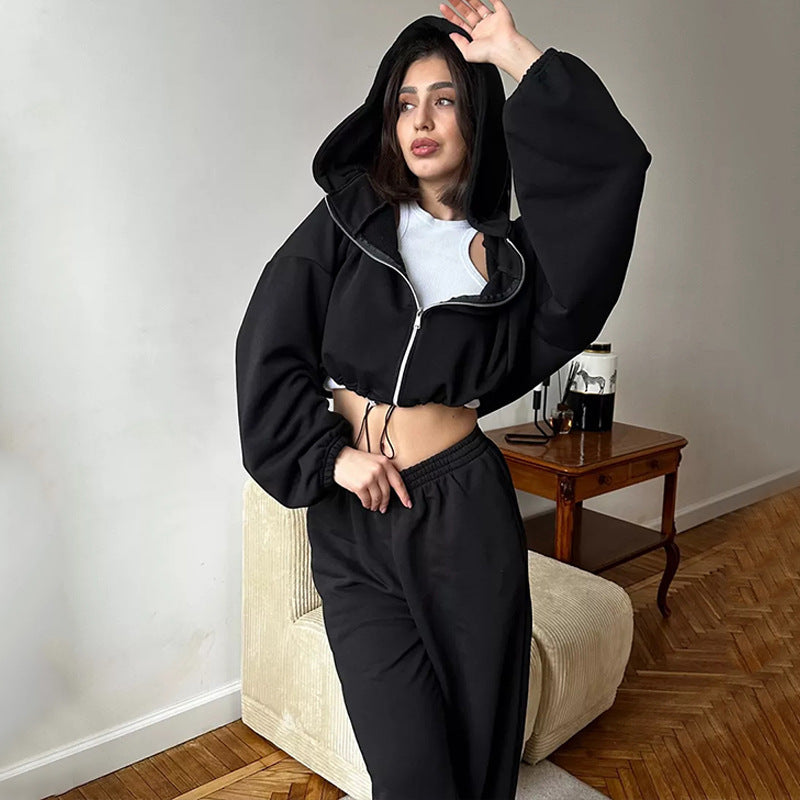 Damen kurzes Kapuzenzipper-Lounge-Set mit oversized Ärmeln und weitem Jogginghose-Schnitt – Auréline