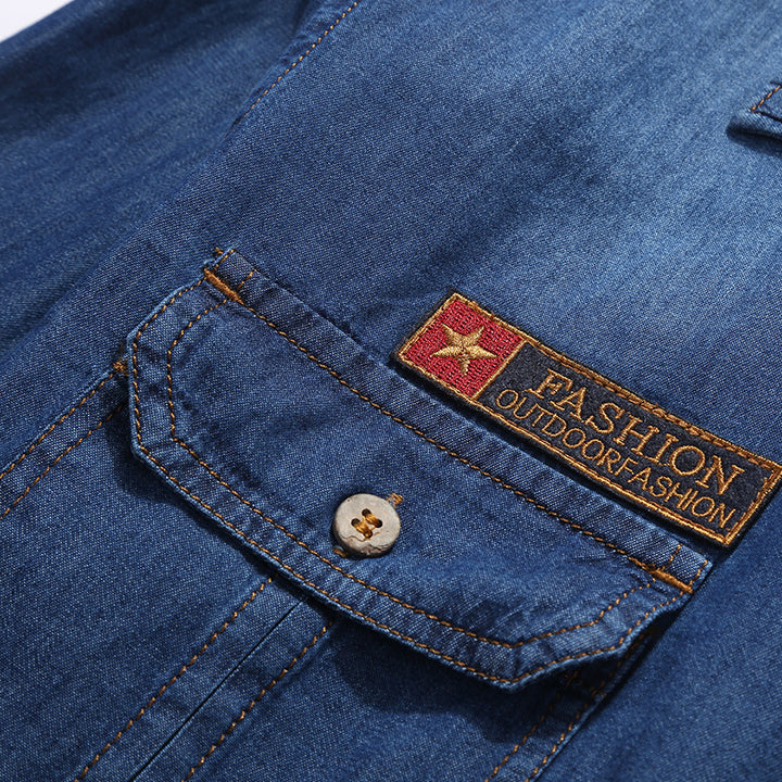Herren Jeanshemd im Worker‑Style mit Brustklappen, Vintage‑Waschung und Badge‑Details – Arvello