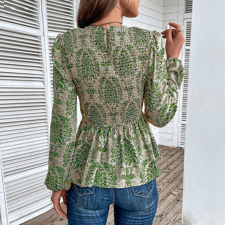 Damen Smock-Bluse mit Raffung, Ballonärmeln und Ornament-Print Echoarchiv