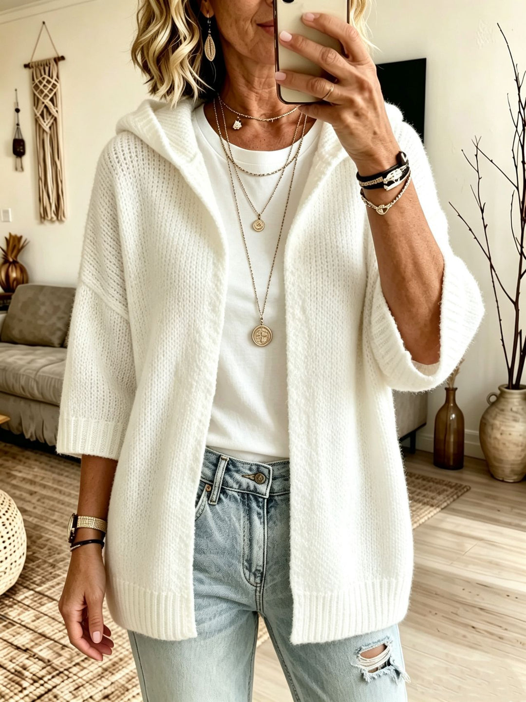 Damen Kapuzen-Longcardigan aus grobem Strick mit 3/4-Ärmeln und offener Front – Veloura
