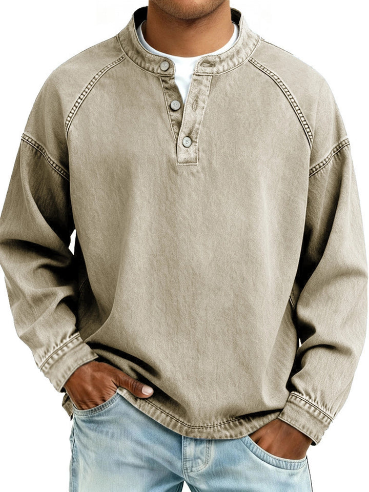 Herren verwaschenes Henley-Shirt mit Stehkragen, lockerer Passform und Knopfleiste – Marzano