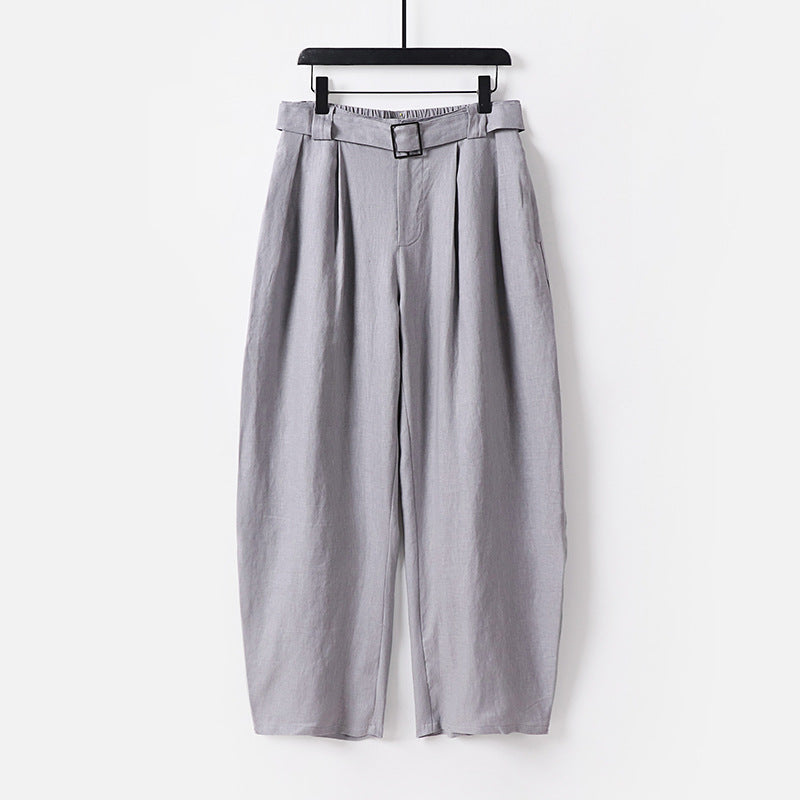 Damen Hochgeschnittene weite Leinenmix-Hose mit Bundfalten und Stoffgürtel Echoarchiv
