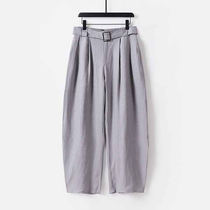 Damen Hochgeschnittene weite Leinenmix-Hose mit Bundfalten und Stoffgürtel Echoarchiv