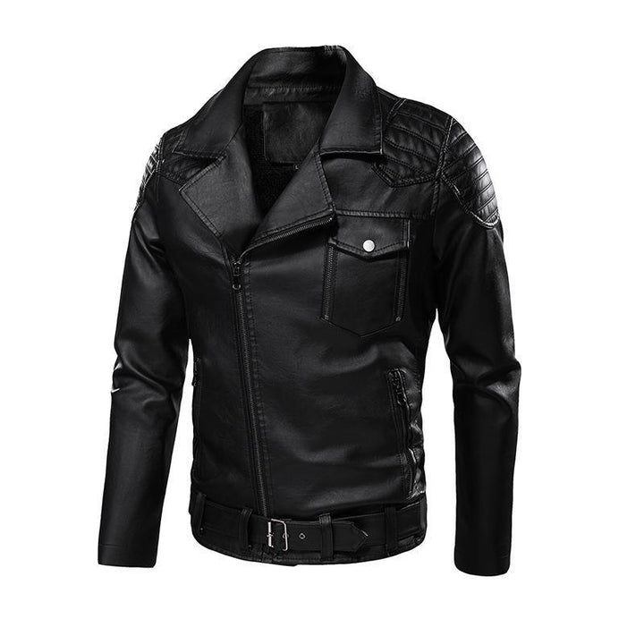 Herren Kunstleder-Bikerjacke mit asymmetrischem Reißverschluss Gürteldetail und gesteppter Schulterpartie – Taviero