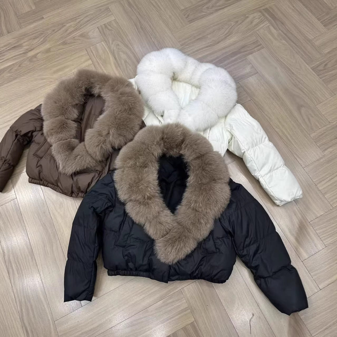 Damen nan kurz geschnittene Boxy-Pufferjacke mit extra großem Webpelzkragen und formstabilem Saum Echo Archiv