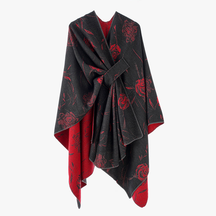 Damen Wendbarer Capeponcho mit Rosen-Jacquard und Bindegürtel Echo Archiv