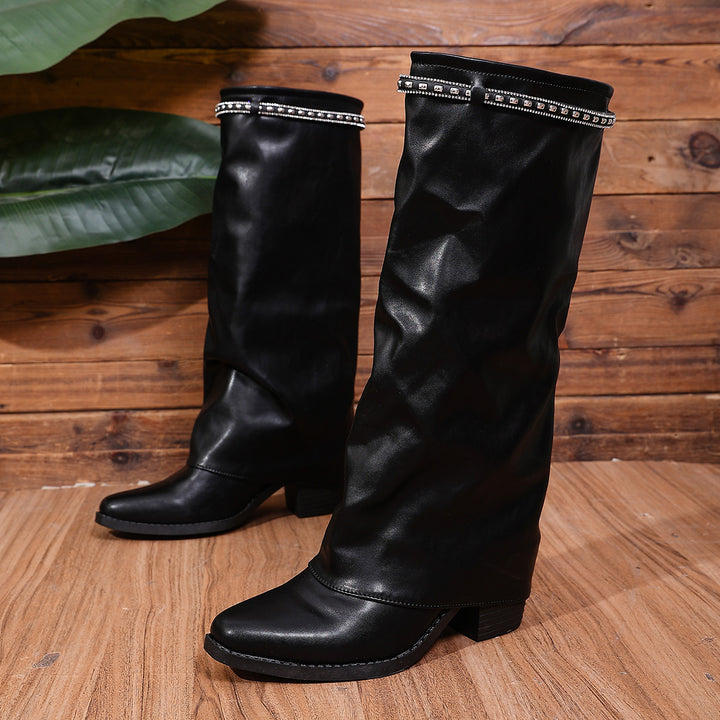 Damen Kniehohe Slouch‑Stiefel mit Strassbesatz und mittlerem Blockabsatz – Lioré