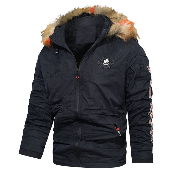 Herren wattierte Kapuzenjacke im Fieldparka-Stil mit Kunstfellbesatz und Ärmel-Stripe Echo Archiv