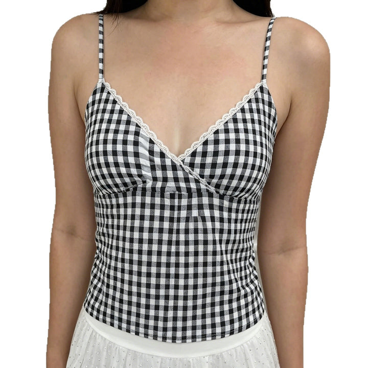 Damen V-Ausschnitt Vichy-Trägertop mit Spitzendetails Echo Archiv