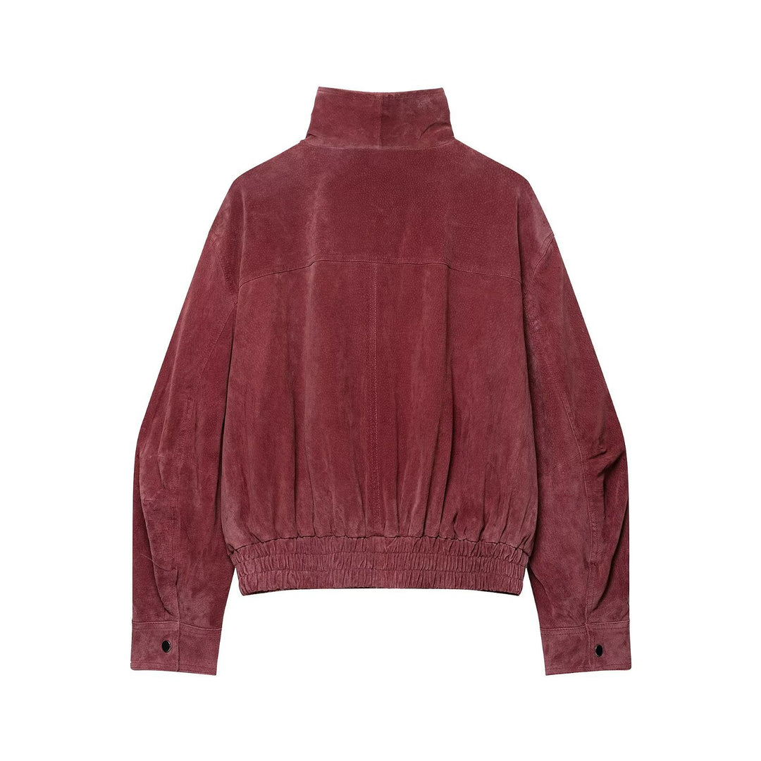 Damen Kurzschnitt Veloursleder-Bomber mit hohem Stehkragen und elastischem Saum Echo Archiv