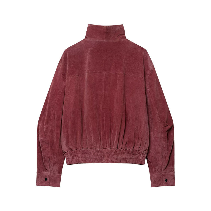 Damen Kurzschnitt Veloursleder-Bomber mit hohem Stehkragen und elastischem Saum Echo Archiv