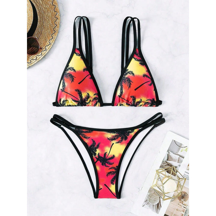 Damen Triangel-Bikini mit doppelten Trägern und trendigem Palmendruck Echo Archiv