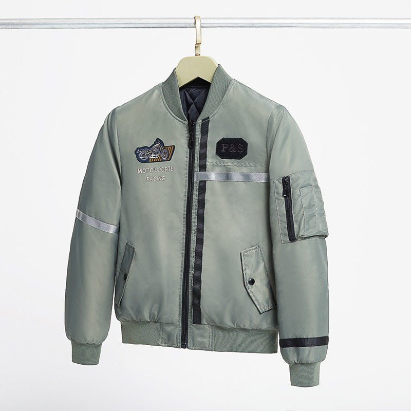 Men's motorcycle-inspired reflective pilot bomber jacket with embroidered racing badge – Brevano