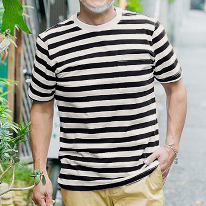 Herren lässiges gestreiftes T-Shirt mit Brusttasche und Rundhalsausschnitt Echoarchiv
