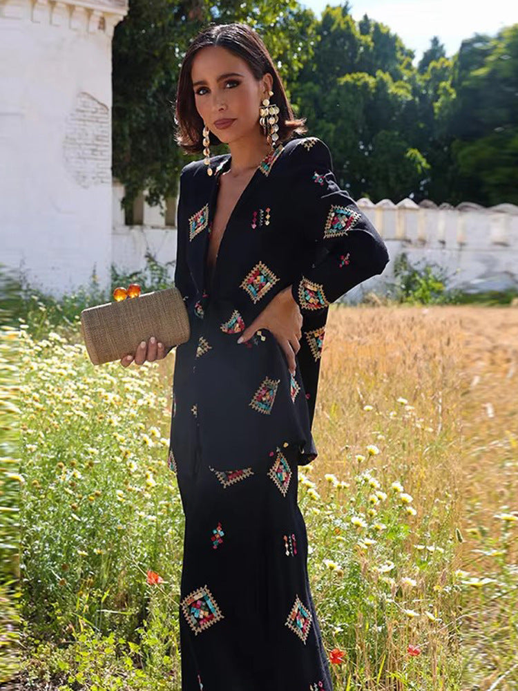 Damen Zweiteiliger Jacquard-Anzug mit Taillenschleife und weitem Bein Echoarchiv