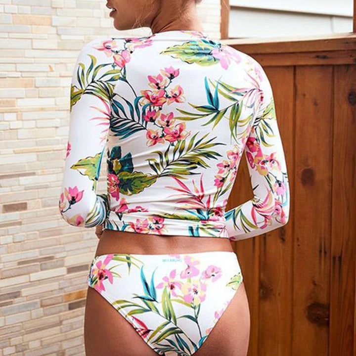 Damen Sportlicher Rashguard-Bikini-Set mit Langem Arm und Floralem Design Echoarchiv