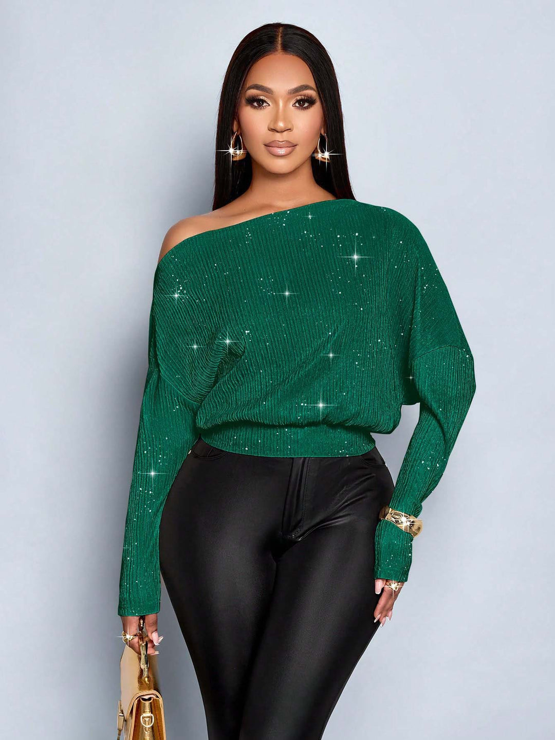 Damen Off-Shoulder Rippstrick-Pullover mit Glitzereffekt und Batwing-Ärmeln Echo Archiv