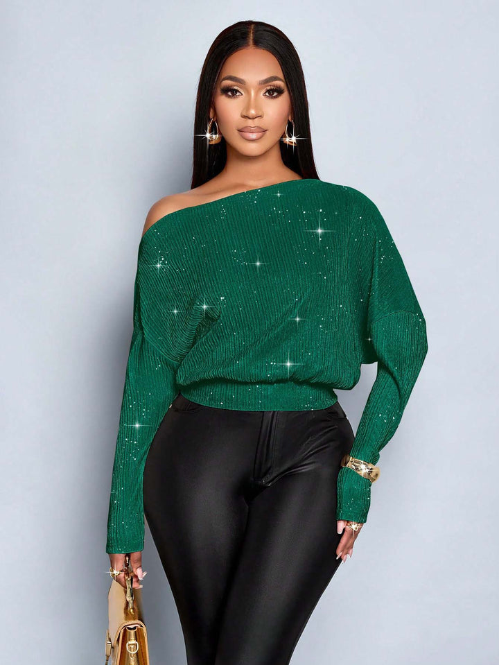 Damen Off-Shoulder Rippstrick-Pullover mit Glitzereffekt und Batwing-Ärmeln Echo Archiv