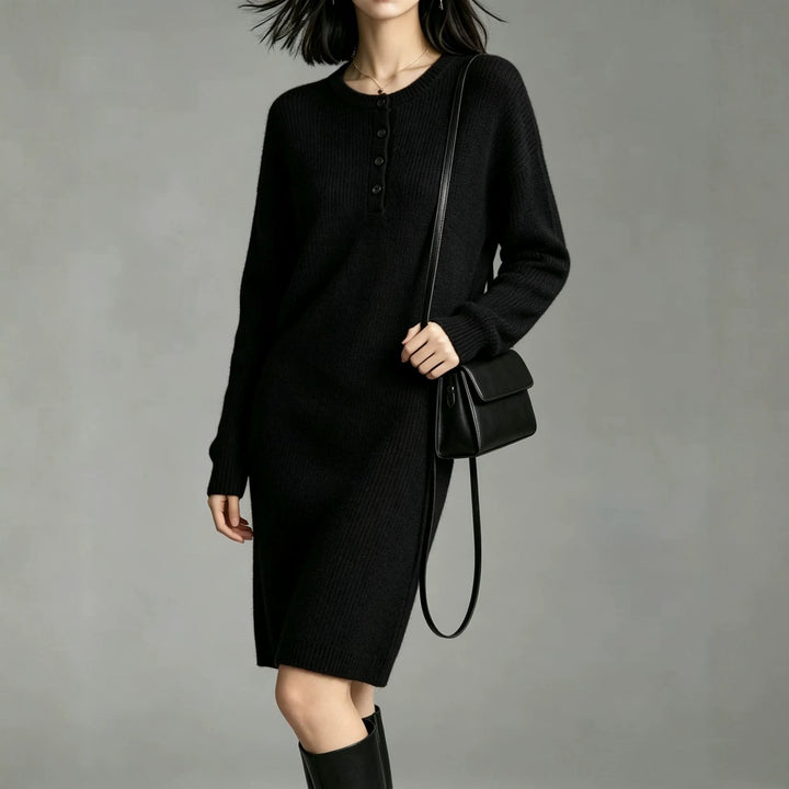 Damen Midilanges Strickkleid mit Henley-Leiste und gerippten Bündchen – Élara