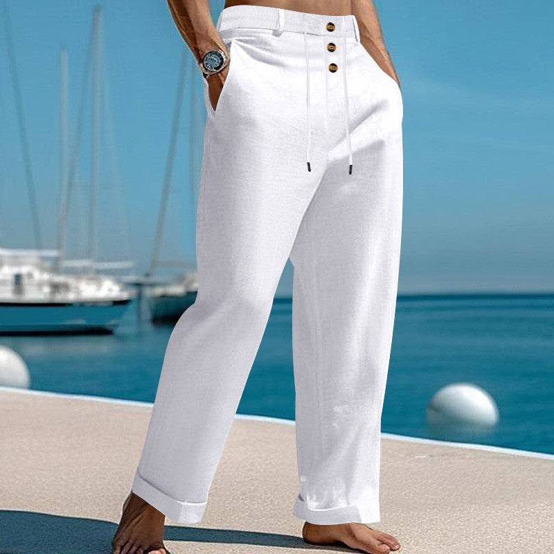 Herren lockere Leinenhose mit verstellbarem Bund und Knopfdetails Echoarchiv