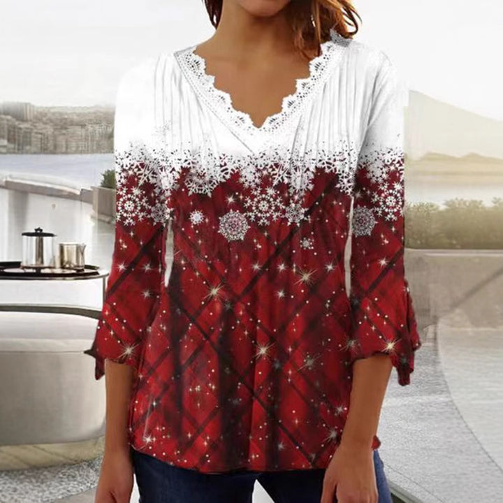 Damen nan Tunika-Bluse mit Spitzen-V-Ausschnitt, feiner Plissee-Passe und winterlichem Schneeflocken-Print Echo Archiv