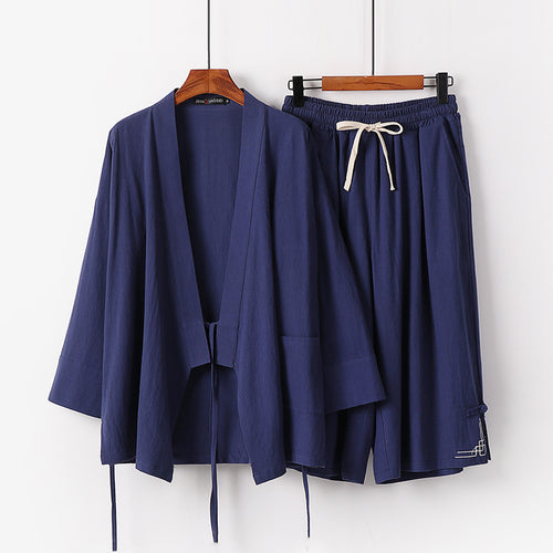 Damen Zen-Kimono-Lounge-Set aus atmungsaktivem Baumwollmix mit Bindebandjacke und weiten Culotte-Hose Echoarchiv