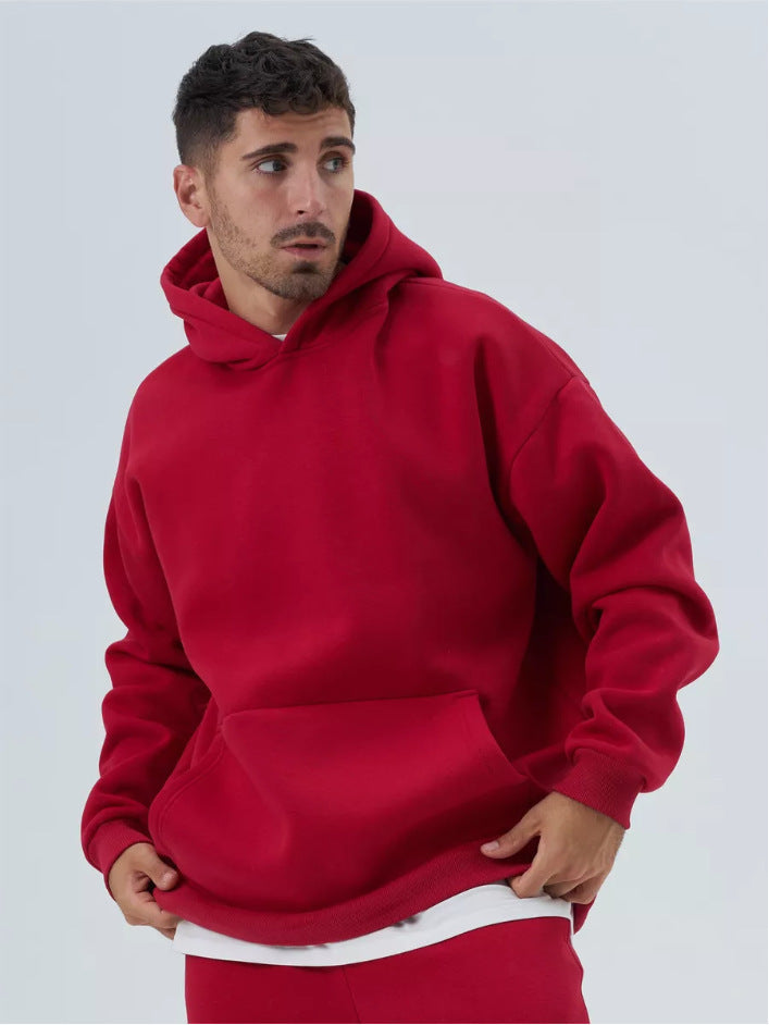 Herren schwerer Fleece-Boxy-Hoodie mit tiefem Schulterfall verstärkter Kapuze und Kängurutasche – Cavarno