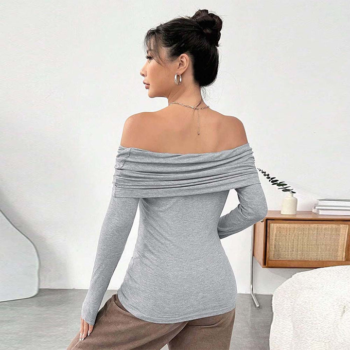 Damen eng anliegendes Off-Shoulder Rippstrick-Longsleeve mit gerafftem Wasserfall-Ausschnitt und Daumenloch – Avérine