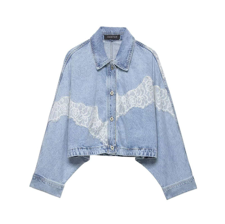 Damen nan oversized Denimjacke mit Spitzenbesatz, kastigem Cropped-Schnitt und überschnittenen Ärmeln Echo Archiv