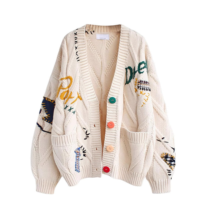Damen Stylischer Strickcardigan mit bunten Knöpfen und aufwendigem Design