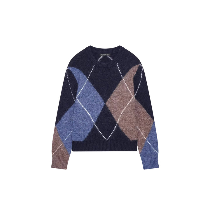 Damen nan grobgestrickter Argyle-Pullover mit Rundhalsausschnitt, überschnittener Schulter und breitem Rippenbund Echo Archiv