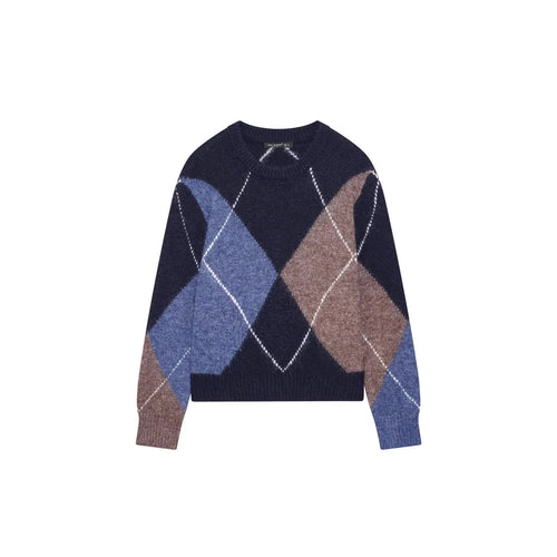 Damen nan grobgestrickter Argyle-Pullover mit Rundhalsausschnitt, überschnittener Schulter und breitem Rippenbund Echo Archiv