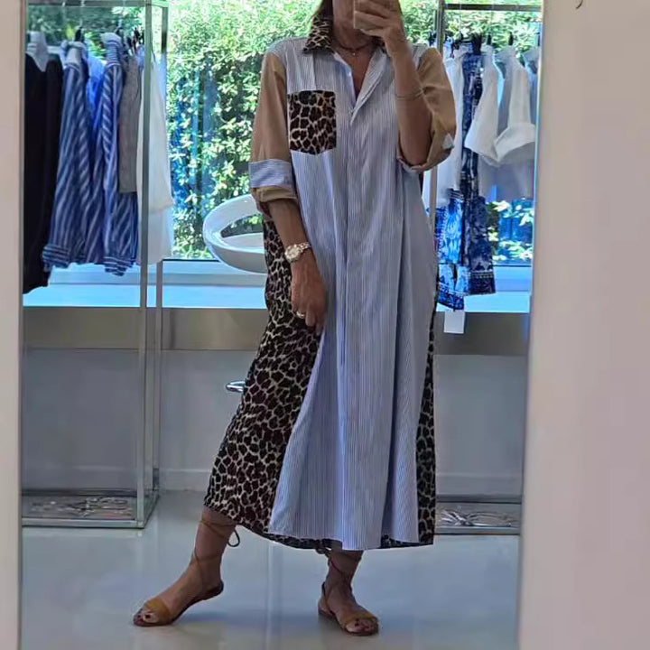 Damen nan Hemdblusenkleid im Printmix mit Leoprint-Seiteneinsätzen, Nadelstreifen-Passe und aufkrempelbaren Ärmeln Echo Archiv