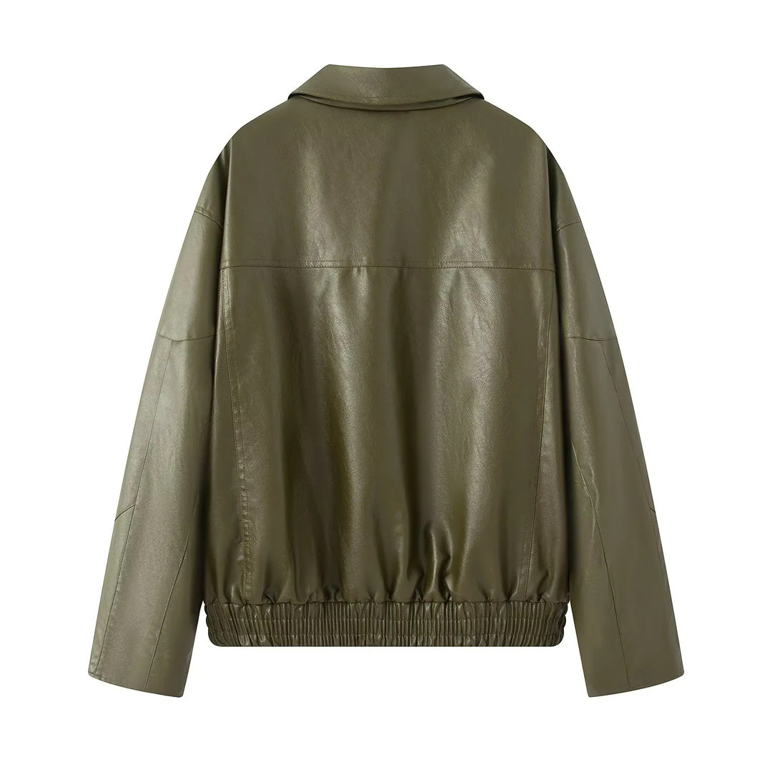 Damen nan oversized Kunstleder-Bomberjacke mit elastischem Saum und schräger Reißverschlusstasche Echo Archiv