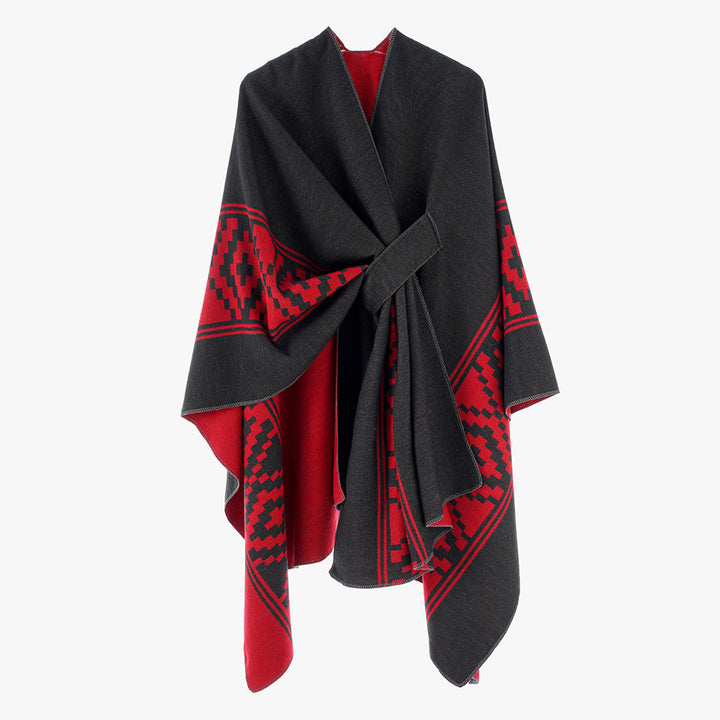 Damen Jacquard‑Ruana mit Bindegürtel und geometrischem Muster – Avérine