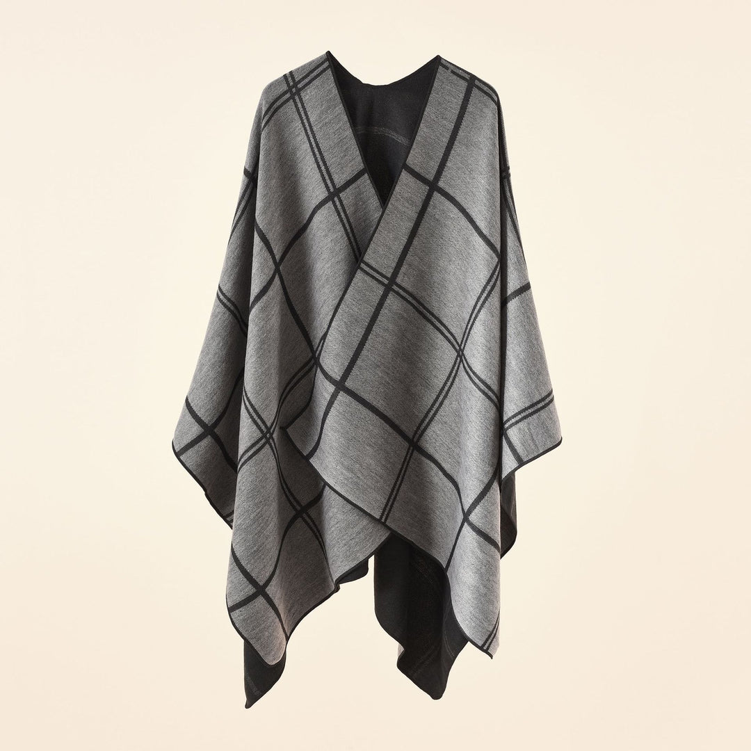 Damen Leichter Karierter Wollmix-Ruana Poncho mit V-Ausschnitt Echo Archiv