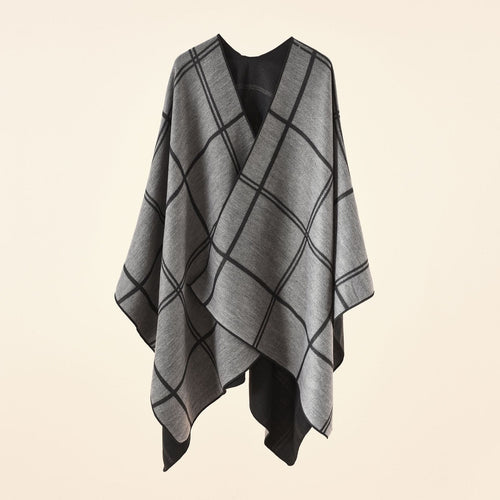 Damen Leichter Karierter Wollmix-Ruana Poncho mit V-Ausschnitt Echo Archiv