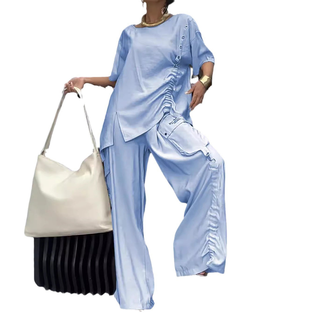 Damen nan legeres zweiteiliges Set mit übergroßem Rundhals-Shirt, seitlicher Raffung und weiter Cargo-Hose Echo Archiv