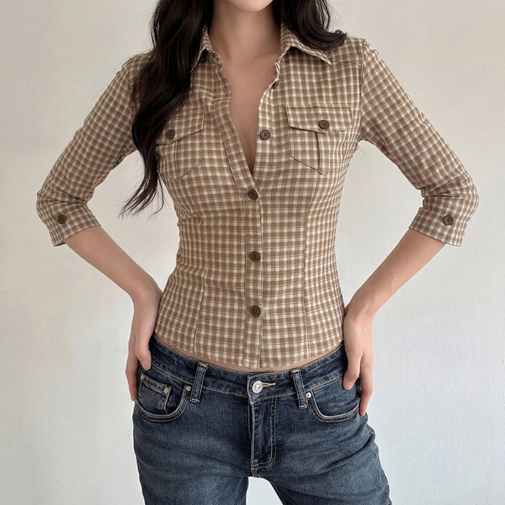 Damen Taillierte Karobluse mit Brusttaschen und Dreiviertel-Ärmeln Echo Archiv