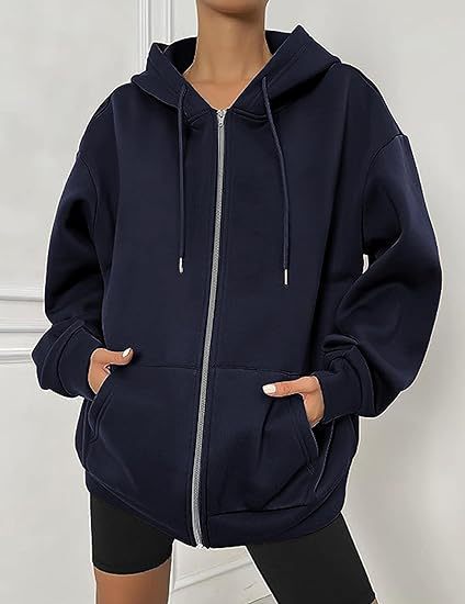 Damen nan oversized Zip-Kapuzenjacke mit kontrastierendem Reißverschluss, doppellagiger Kapuze und Kängurutasche Echo Archiv