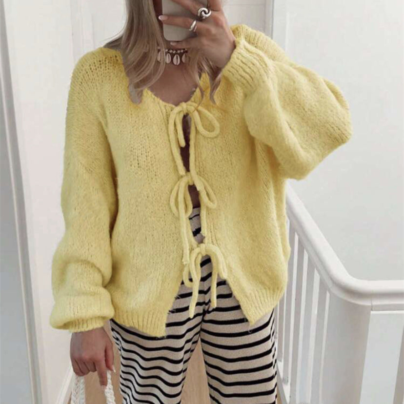 Damen Grobgestrickter Offener Cardigan mit Bindebändern, Oversize‑Silhouette und Raglanärmeln – Veloura