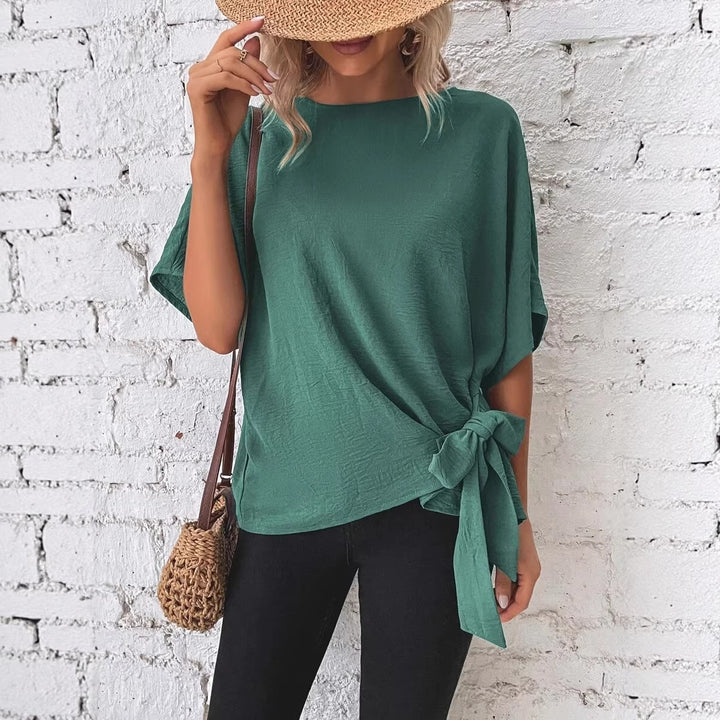 Damen Oversize Kurzarm-Top mit seitlicher Schleife und Crinkle-Struktur Echo Archiv