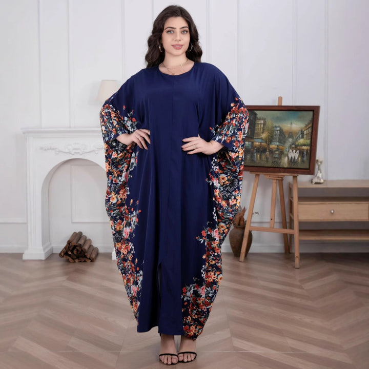 Damen Fließendes Maxikaftan-Kleid mit floralem Saum und dreiviertel Ärmeln – Valéora