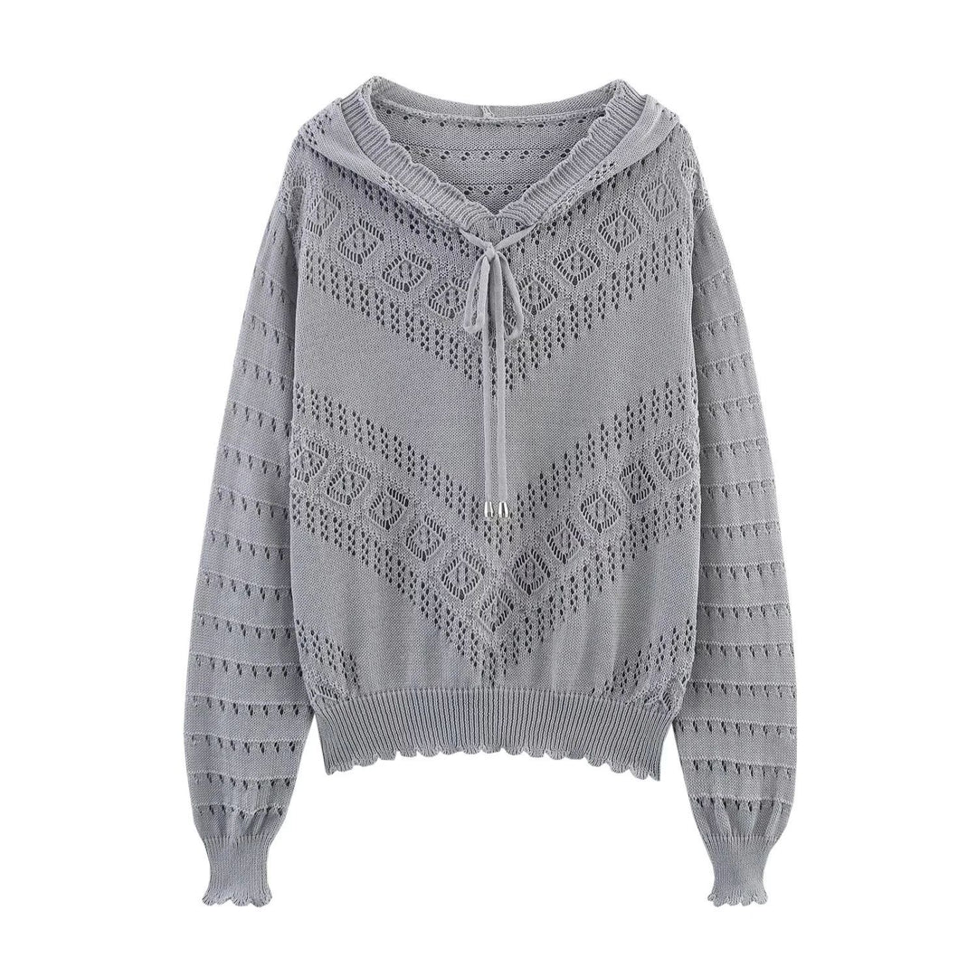 Damen nan Kapuzen-Strickpullover mit Ajourmuster, Tunnelzug und Ballonärmeln Echo Archiv